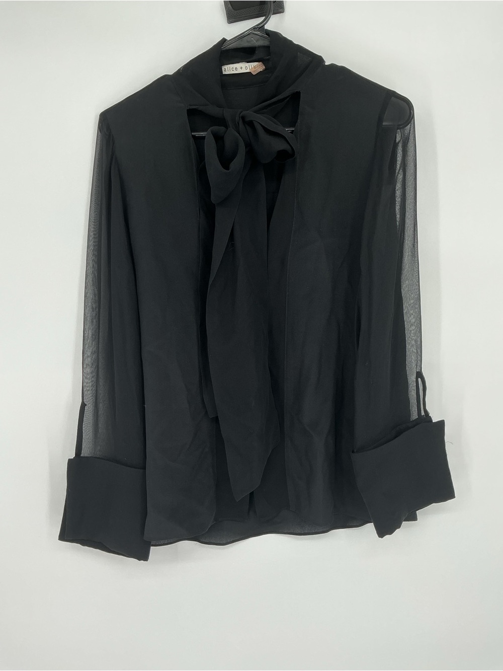 Alice + Olivia Brentley Silk Tie Neck Sheer Long Sleeve Button-Up Shirt
